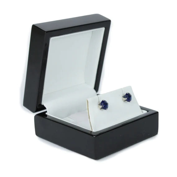 White Gold Plated Blue Sapphire Round Cut 4-Claw Stud Earrings | Created Diamond Accent Jewellery for Elegant Look