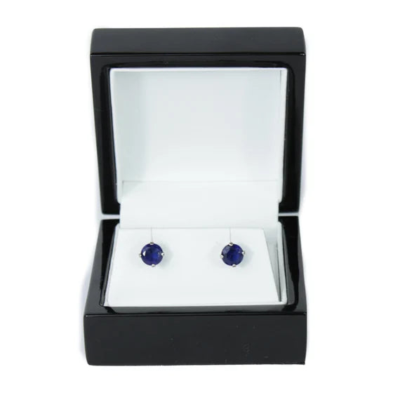 White Gold Plated Blue Sapphire Round Cut 4-Claw Stud Earrings | Created Diamond Accent Jewellery for Elegant Look