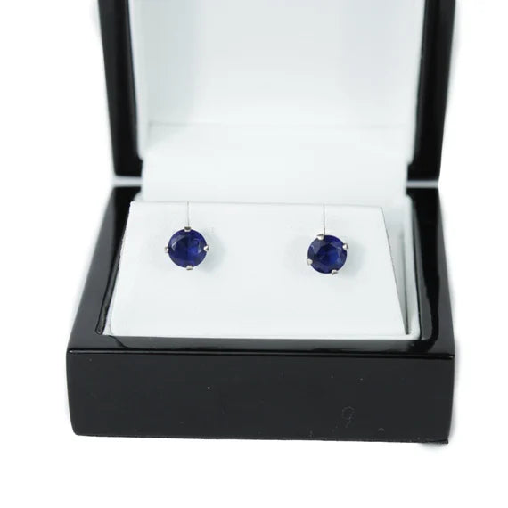 White Gold Plated Blue Sapphire Round Cut 4-Claw Stud Earrings | Created Diamond Accent Jewellery for Elegant Look