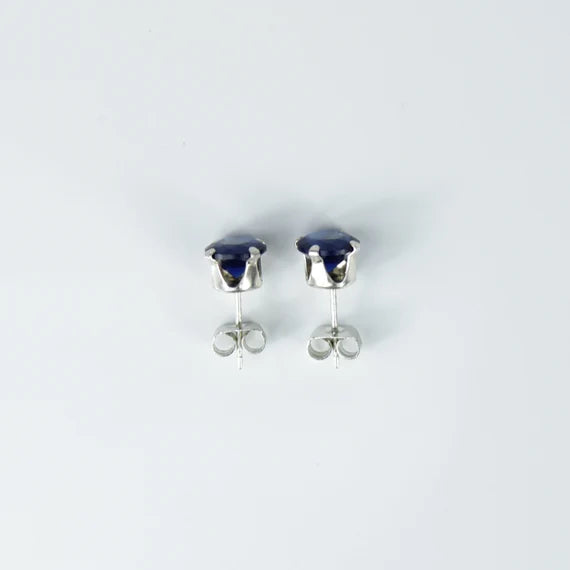 White Gold Plated Blue Sapphire Round Cut 4-Claw Stud Earrings | Created Diamond Accent Jewellery for Elegant Look