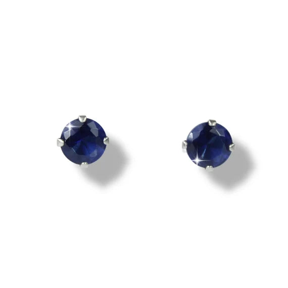 White Gold Plated Blue Sapphire Round Cut 4-Claw Stud Earrings | Created Diamond Accent Jewellery for Elegant Look