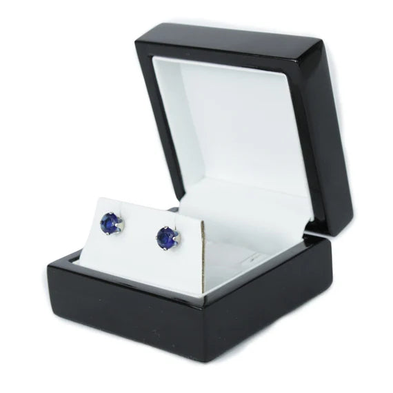 White Gold Plated Blue Sapphire Round Cut 4-Claw Stud Earrings | Created Diamond Accent Jewellery for Elegant Look