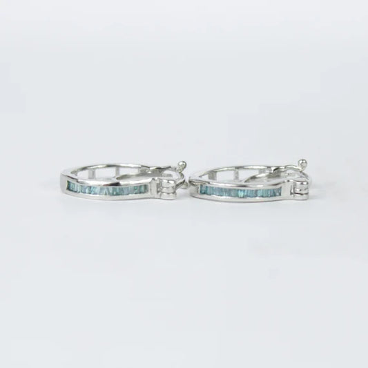 WHITE GOLD FINISH Blue Topaz Natural Diamond Baguette Cut Hoop Earrings
