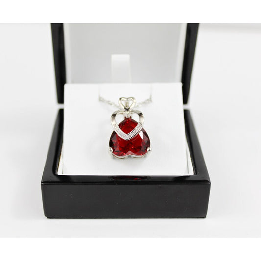 WHITE GOLD FINISH Red Ruby Created Diamond Double Interlocking Heart Pendant Necklace Including Gift Box
