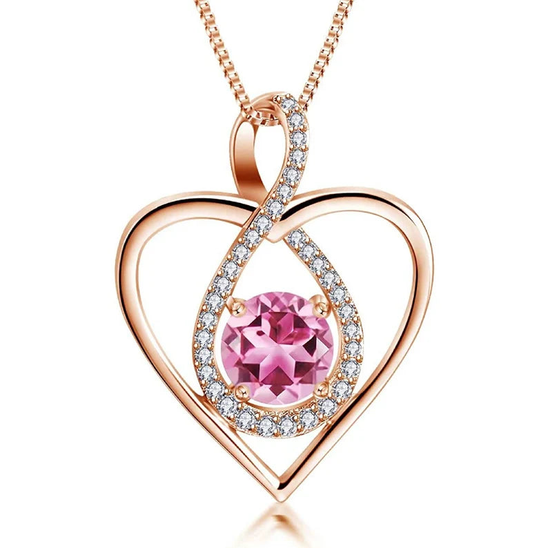 AMOUR – ROSE GOLD FINISH Heart Infinity Created Diamond Round Cut Pink Tourmaline pendant necklace