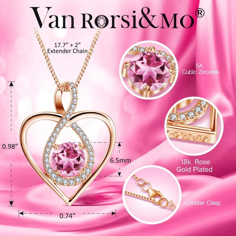 AMOUR – ROSE GOLD FINISH Heart Infinity Created Diamond Round Cut Pink Tourmaline pendant necklace