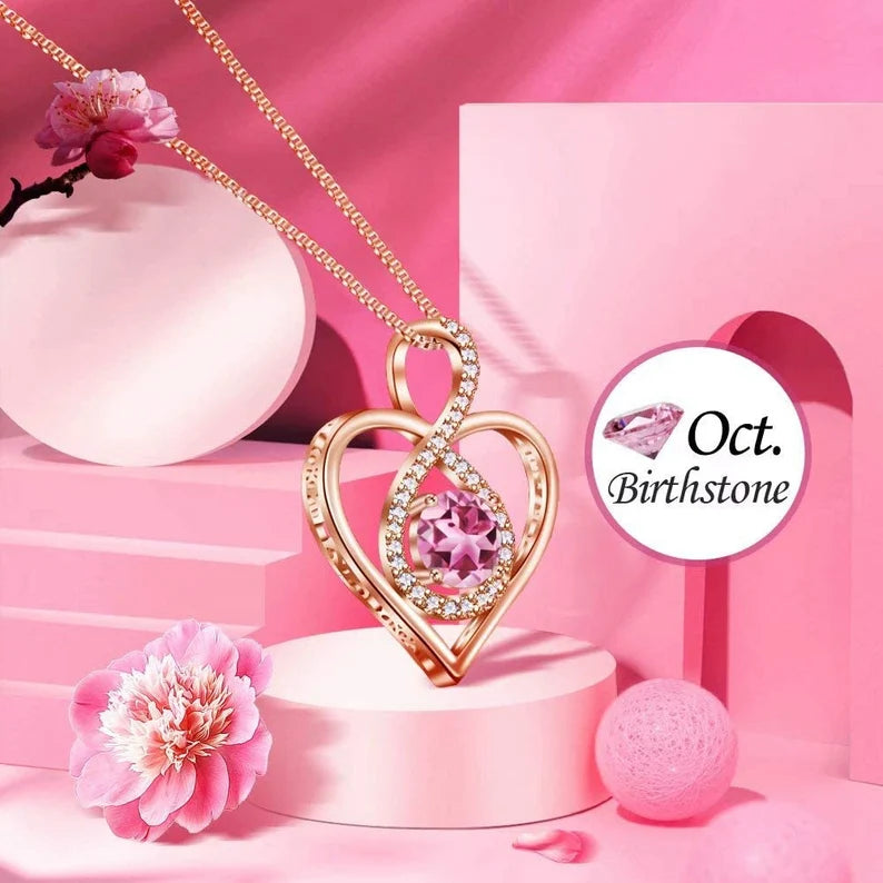 AMOUR – ROSE GOLD FINISH Heart Infinity Created Diamond Round Cut Pink Tourmaline pendant necklace