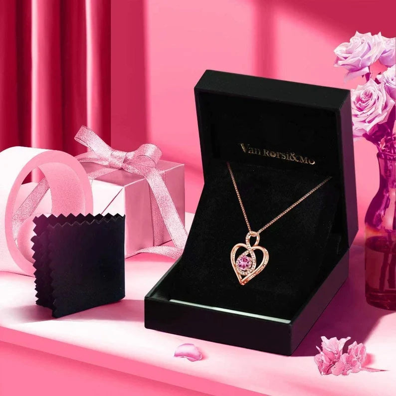 AMOUR – ROSE GOLD FINISH Heart Infinity Created Diamond Round Cut Pink Tourmaline pendant necklace