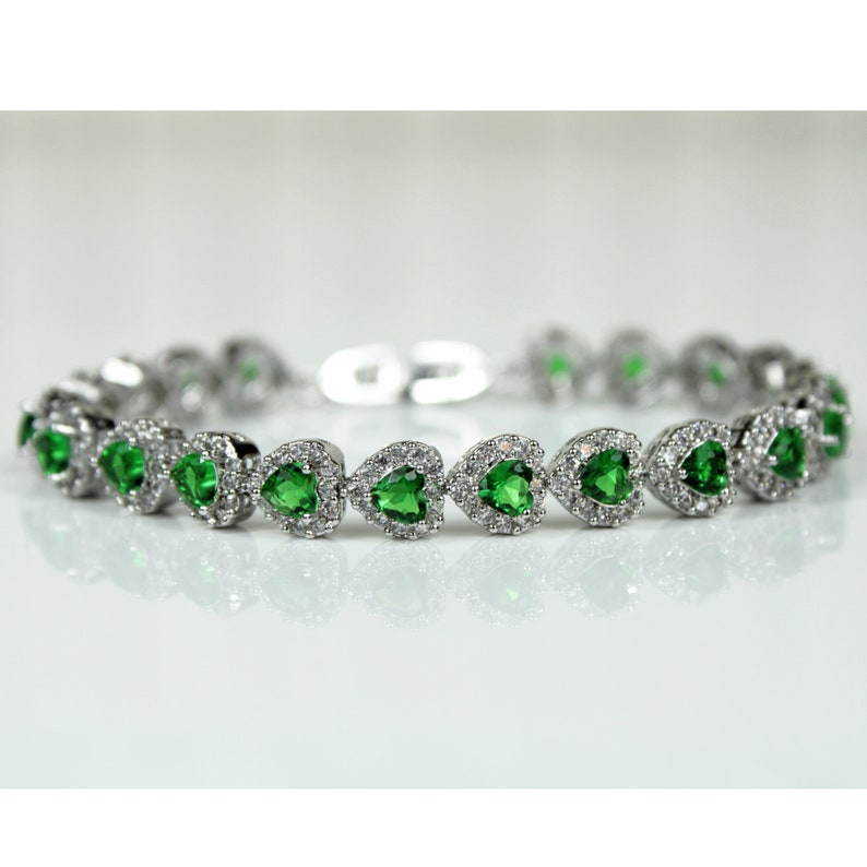 White Gold Finish Green Emerald Created Diamond Heart Cut Bracelet