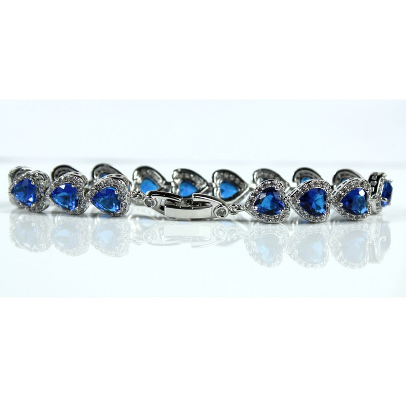 White Gold Finish Blue Sapphire Created Diamond Heart Cut Bracelet