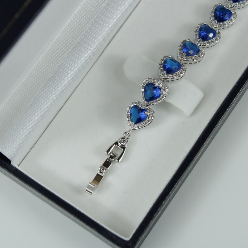 White Gold Finish Blue Sapphire Created Diamond Heart Cut Bracelet