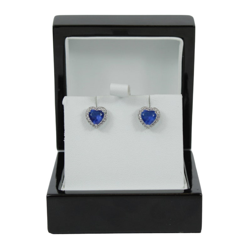 Heart Cut Blue Sapphire Stud Earrings | White Gold Finish & Created Diamonds – Luxury Jewellery Gift Box Included