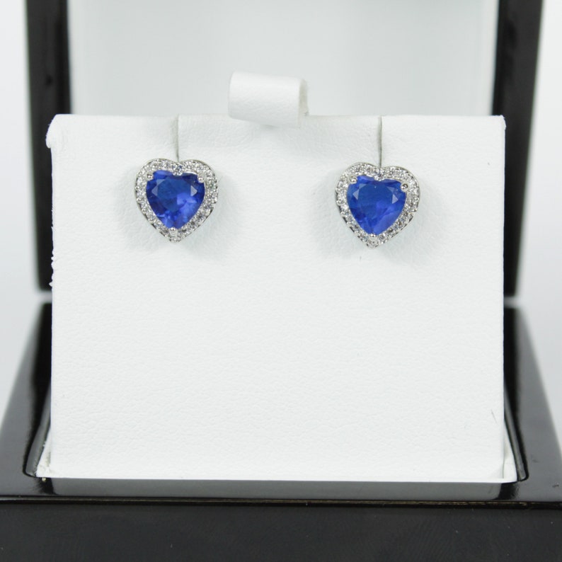 Heart Cut Blue Sapphire Stud Earrings | White Gold Finish & Created Diamonds – Luxury Jewellery Gift Box Included