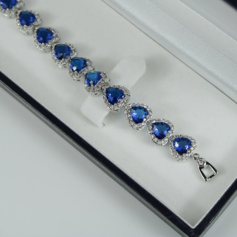 White Gold Finish Blue Sapphire Created Diamond Heart Cut Bracelet