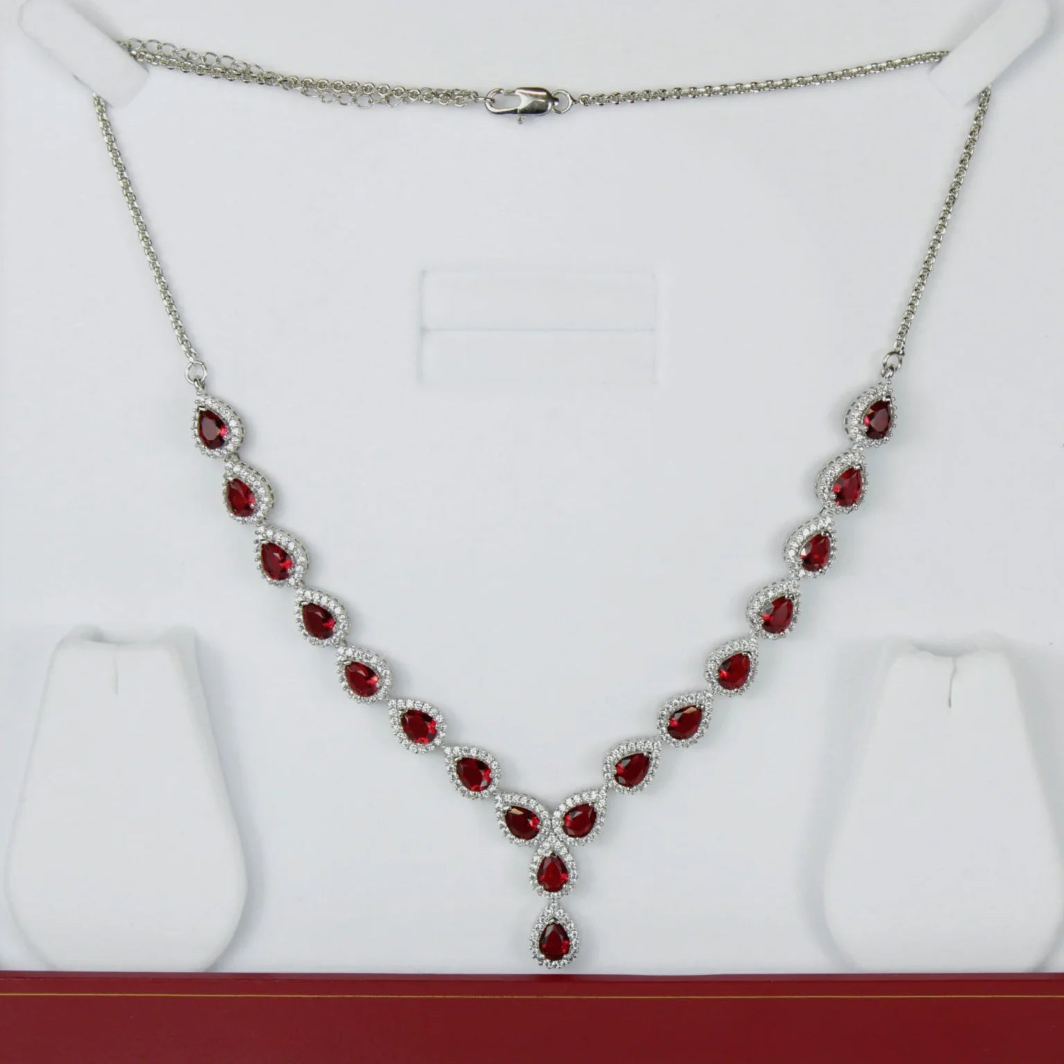 Classic Pear Cut Red Ruby Jewelry Set with Created Diamonds – White Gold Necklace, Bracelet & Earrings Gift Set