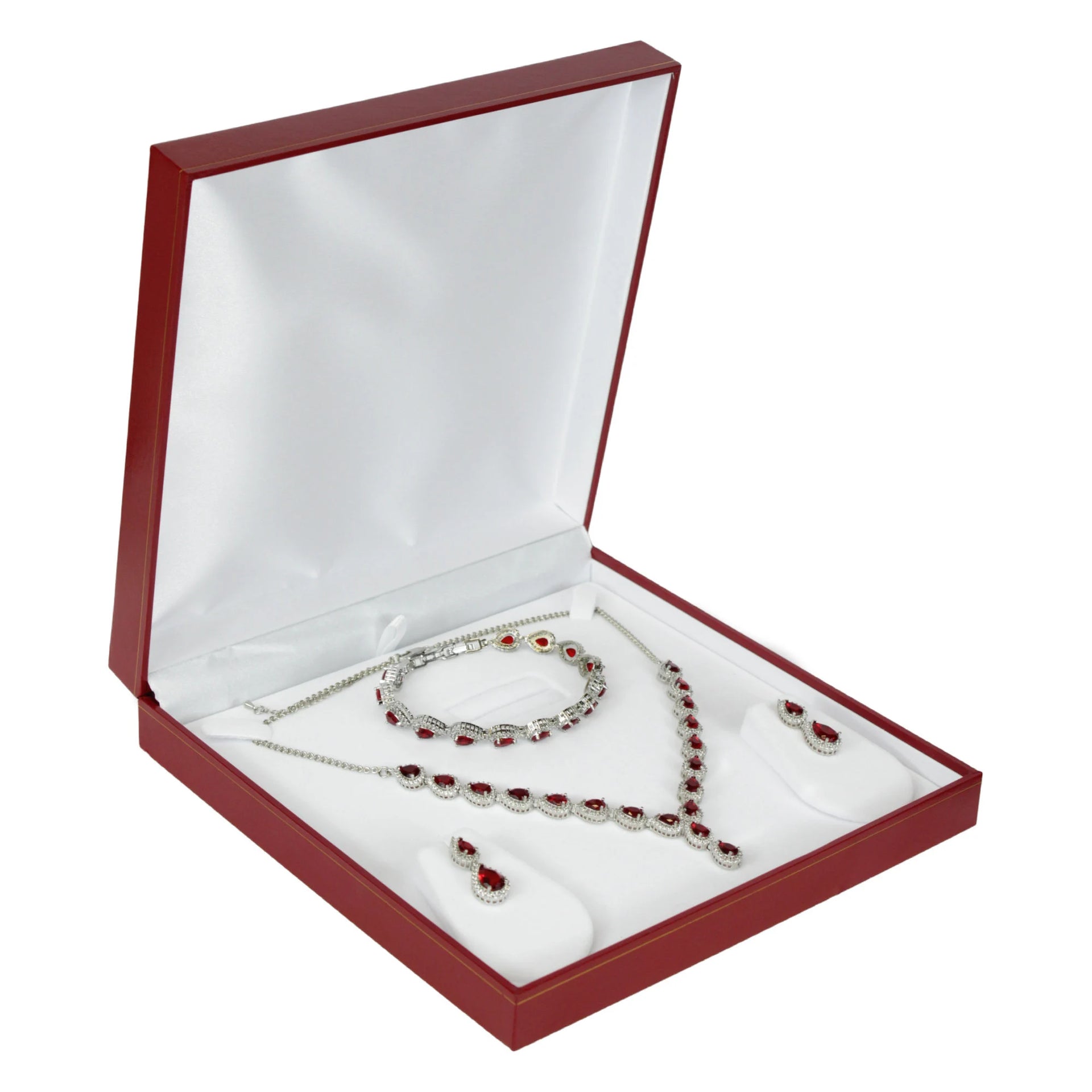 Classic Pear Cut Red Ruby Jewelry Set with Created Diamonds – White Gold Necklace, Bracelet & Earrings Gift Set