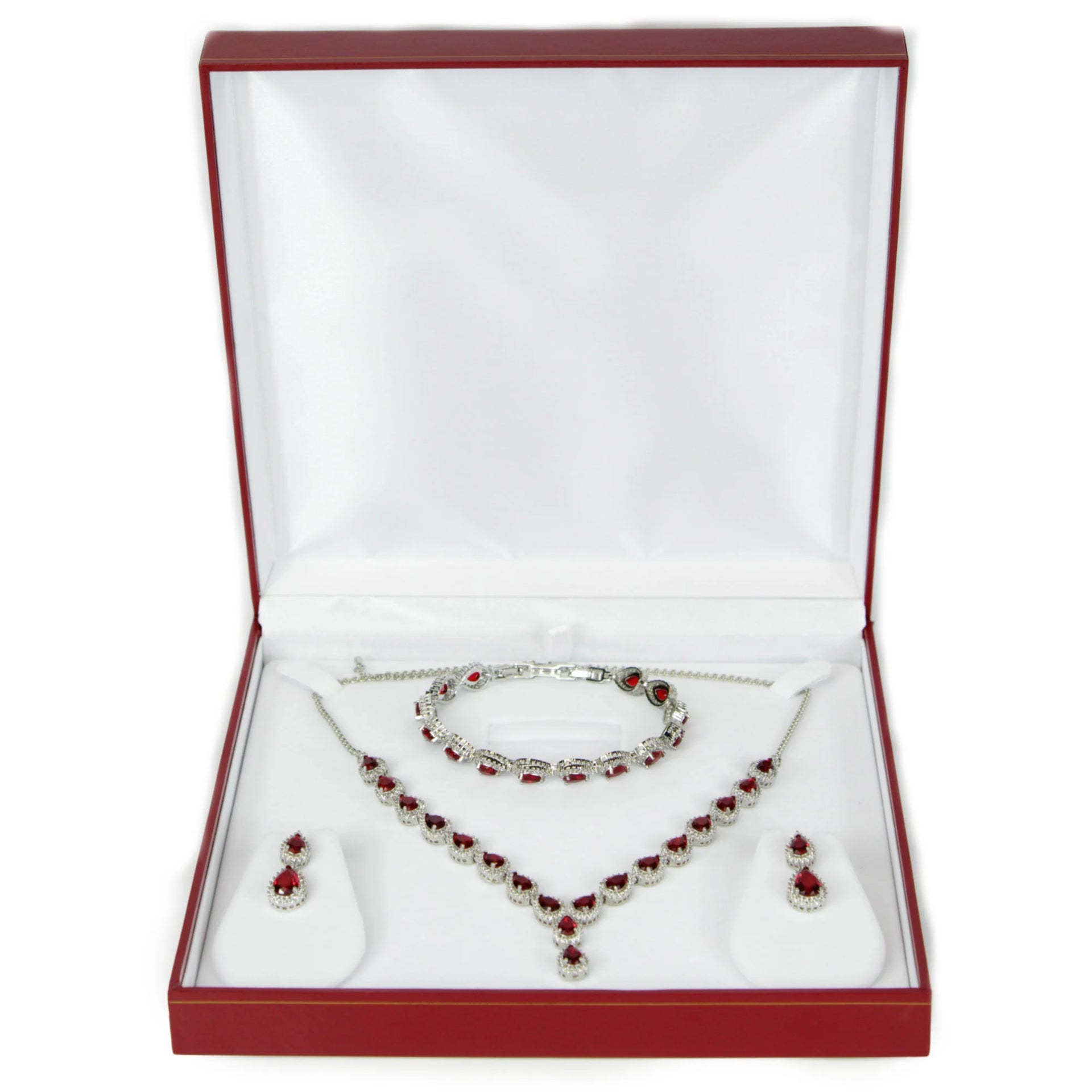 Classic Pear Cut Red Ruby Jewelry Set with Created Diamonds – White Gold Necklace, Bracelet & Earrings Gift Set