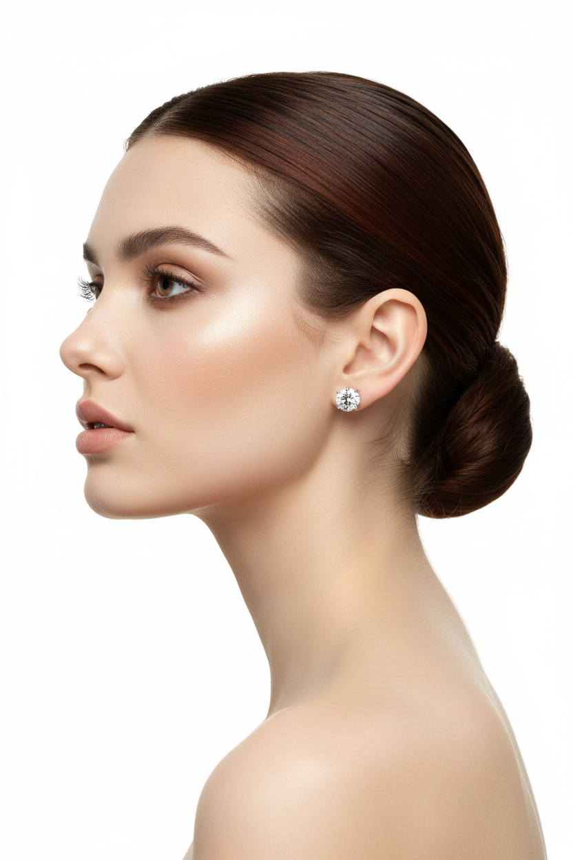 Model side profile wearing white gold round cut created diamond stud earrings with hair swept back