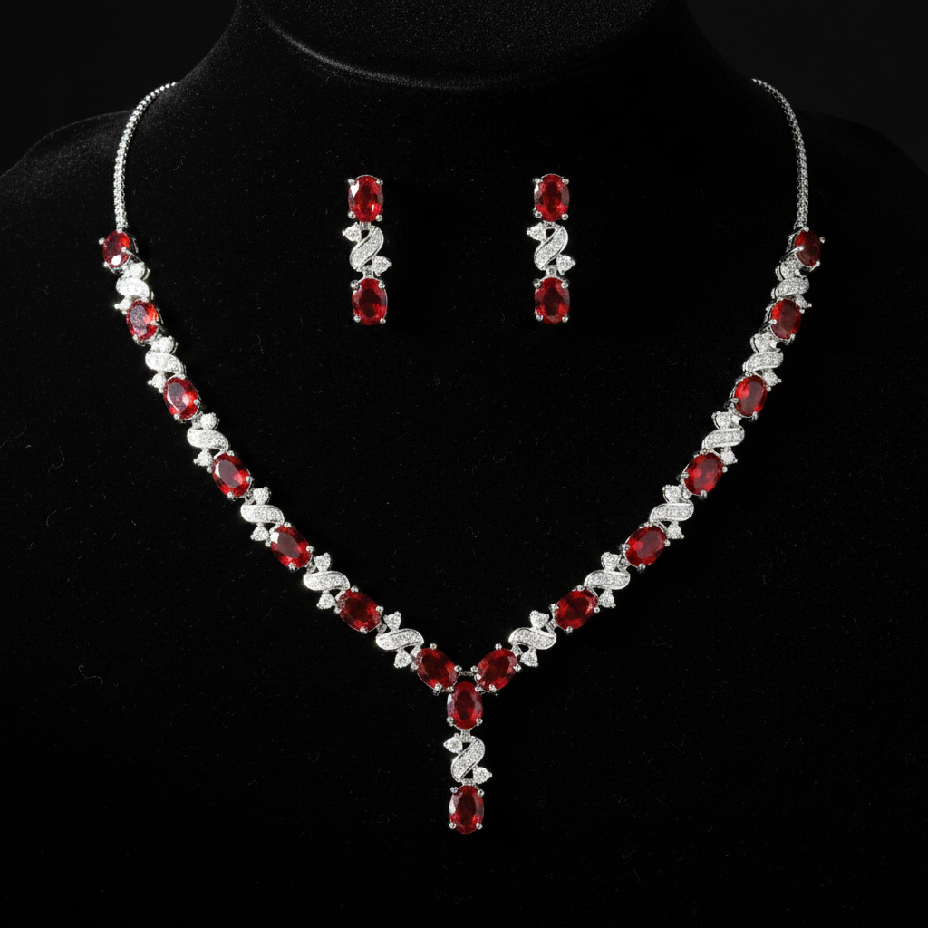 Red ruby and created diamond oval necklace and earrings set flat lay on black velvet