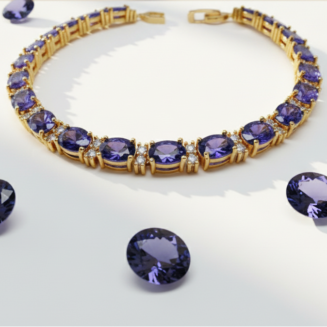 Gold tanzanite tennis bracelet flat lay with scattered tanzanite stones