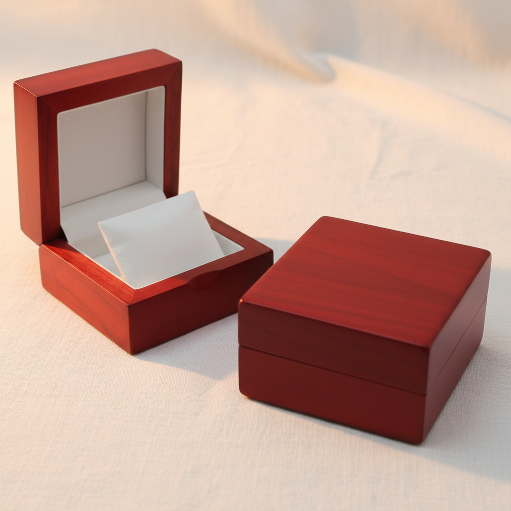 Two red woodland matte jewellery boxes, one open and one closed, on soft white linen