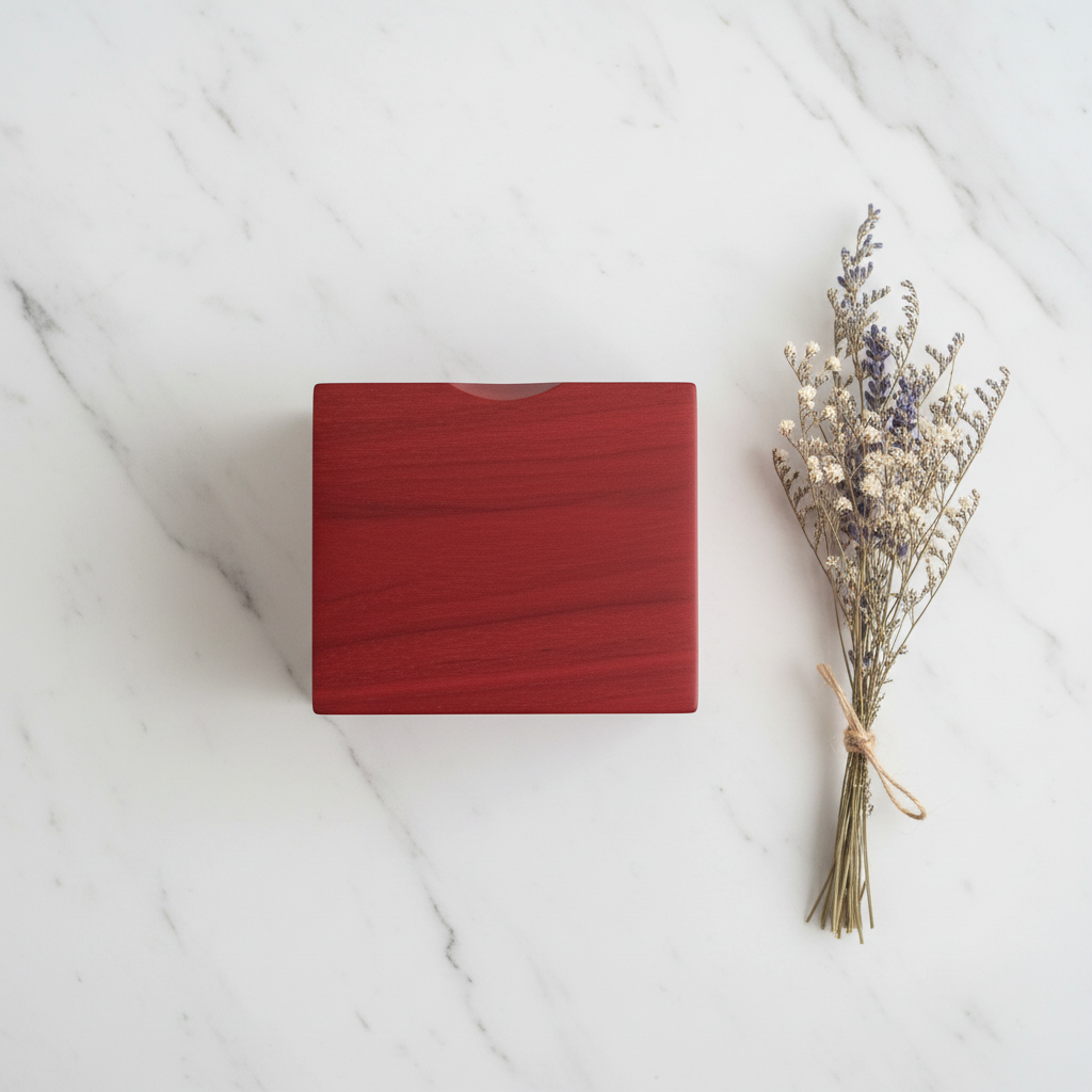 Red woodland matte jewellery box flat lay with dried flowers on white marble