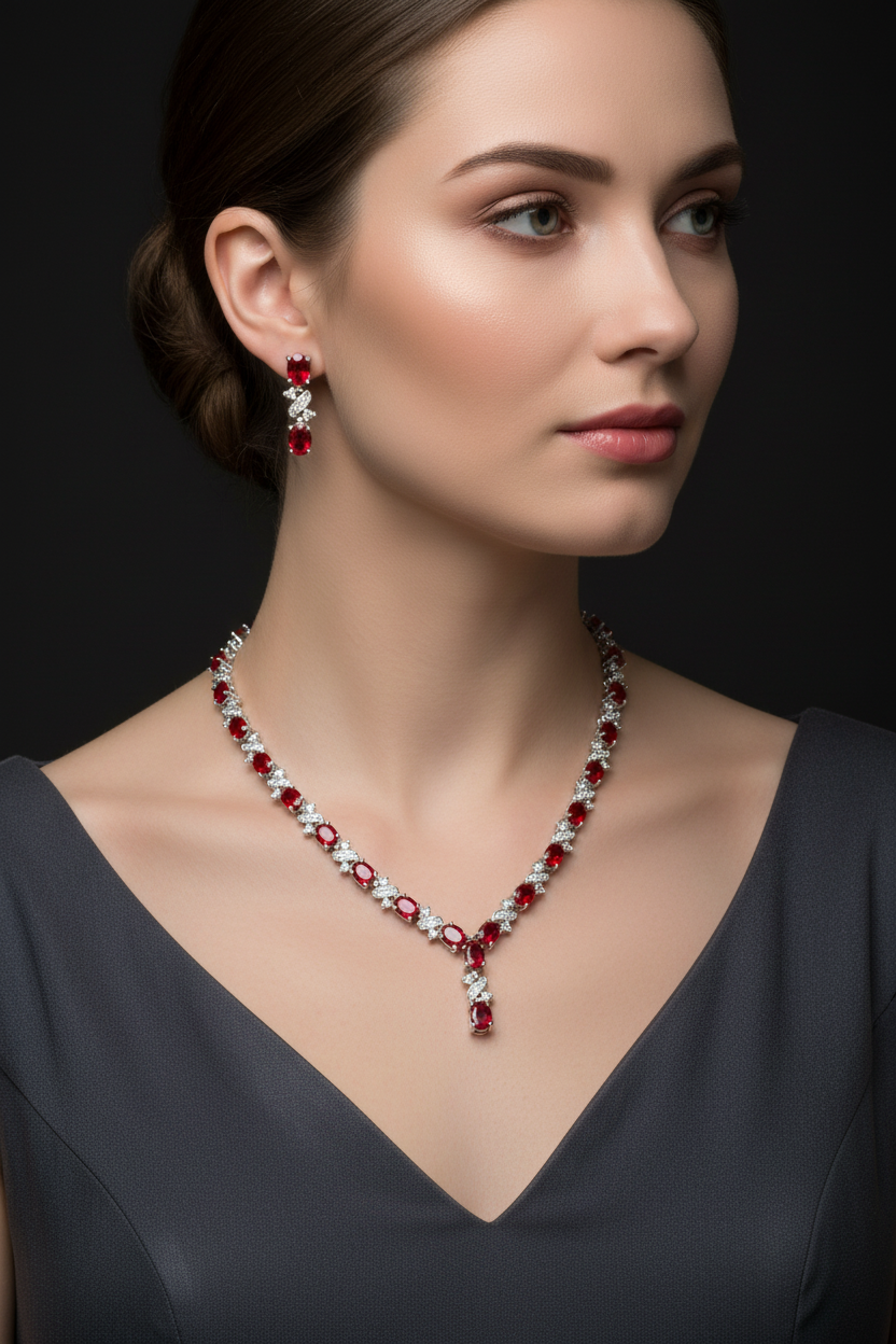 Model wearing red ruby Y-drop necklace and matching drop earrings in white gold finish