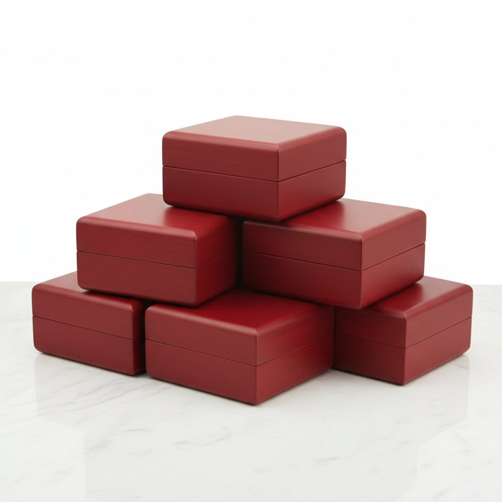 Set of 5 red woodland matte earring gift boxes arranged on white marble