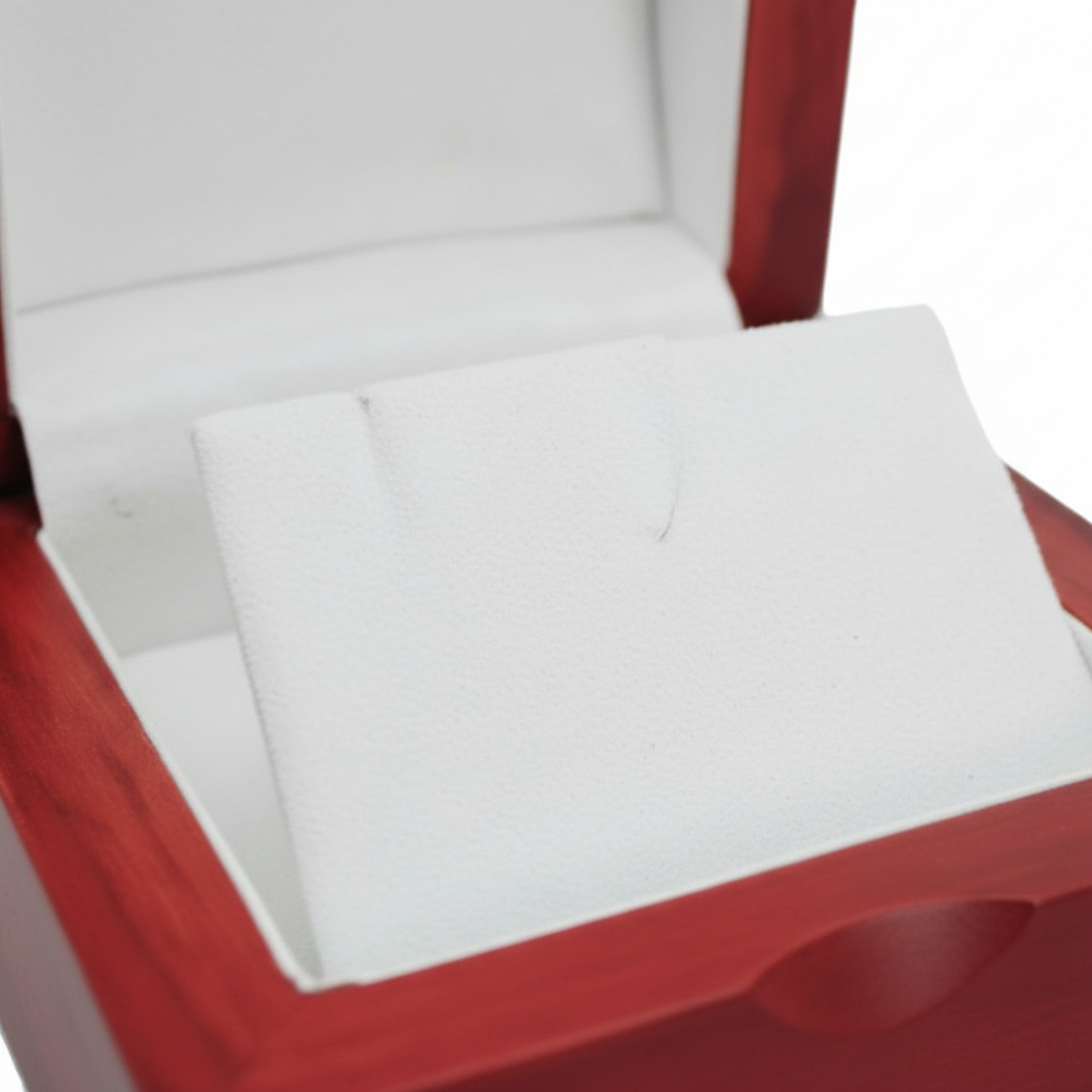 Close-up of red woodland matte jewellery box open showing white cushioned interior