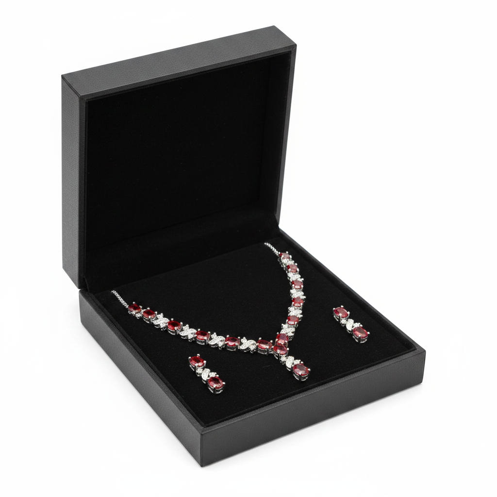 Red ruby and created diamond necklace and earrings set displayed in open luxury black gift box