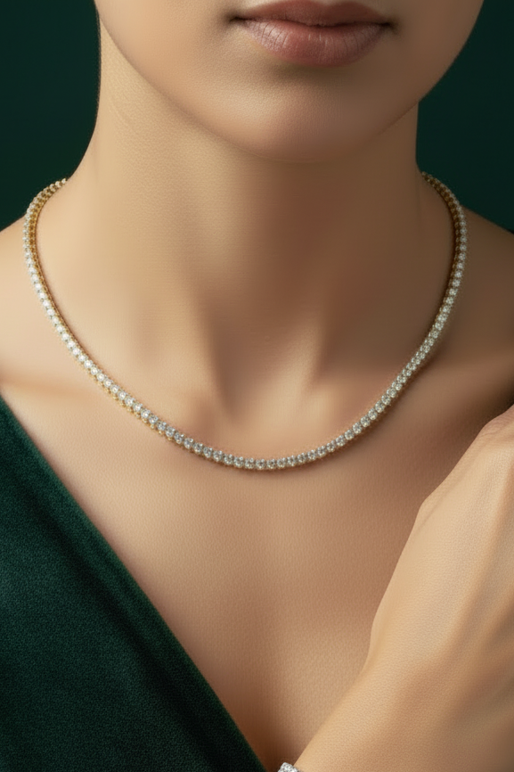 Woman wearing 18K yellow gold tennis necklace and white gold double-row bracelet