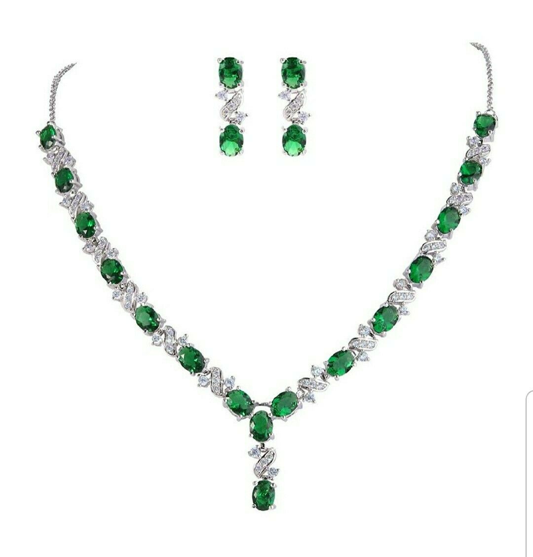 White gold finish green emerald earrings and necklace set