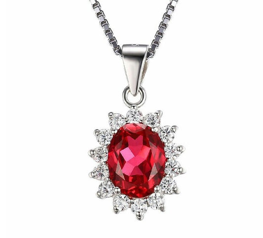 White gold finish red ruby & created diamond oval necklace