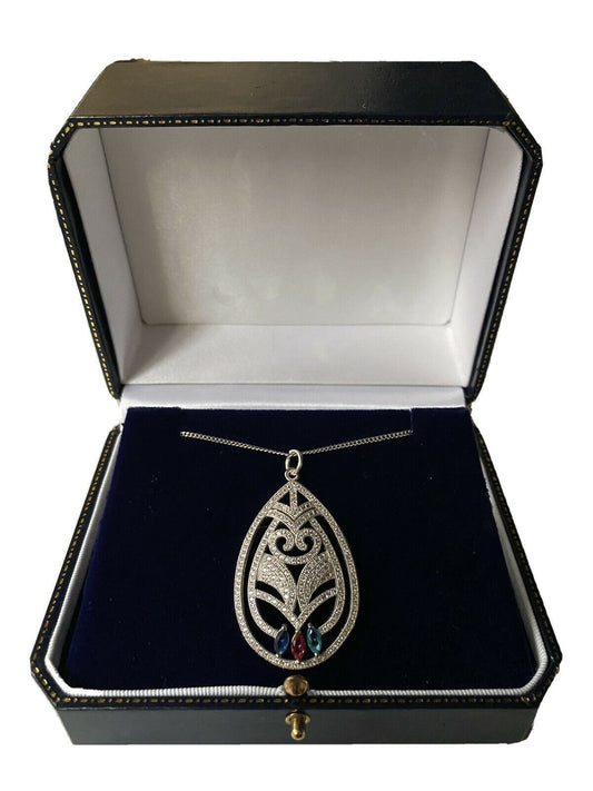 White gold finish Topaz Ruby sapphire Created Diamond Retro Pendant necklace