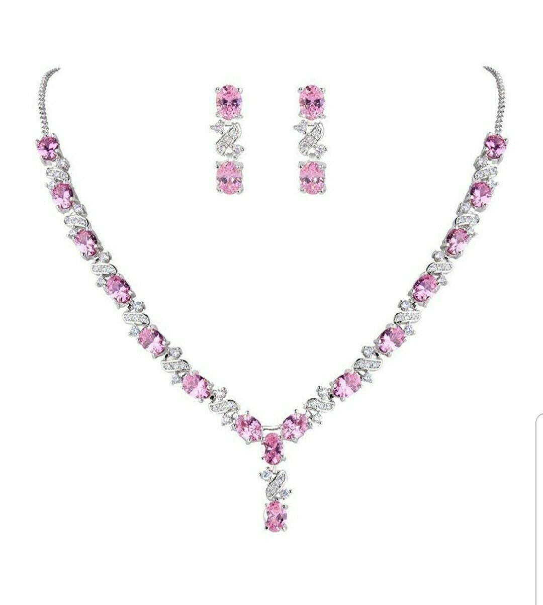 White gold finish Pink Tourmaline earrings and necklace