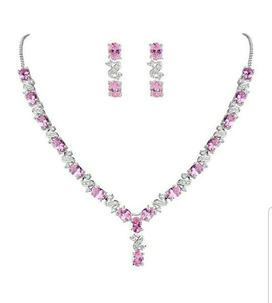 White gold finish Pink Tourmaline earrings and necklace