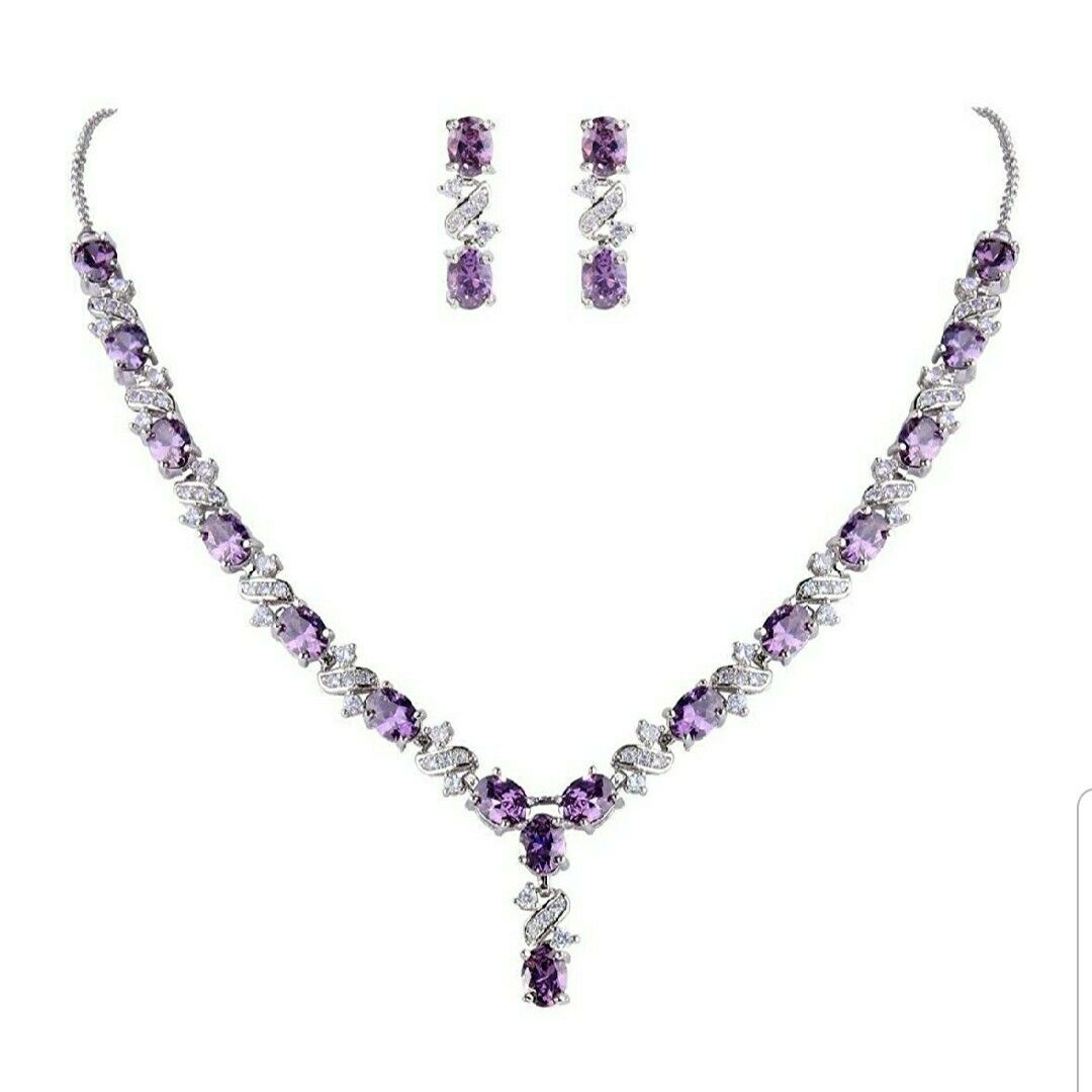 White gold finish purple amethyst earrings and necklace set