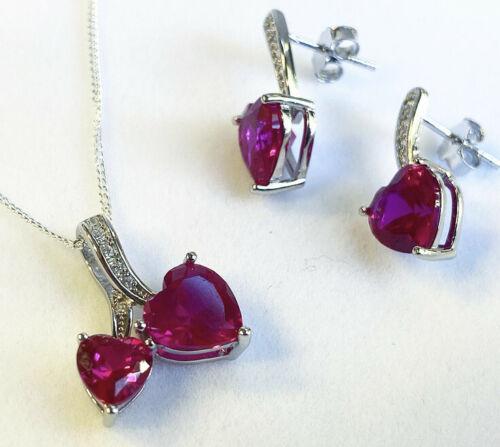 White Gold Finish Ruby & Created Diamond Cherry Heart Earrings & Necklace