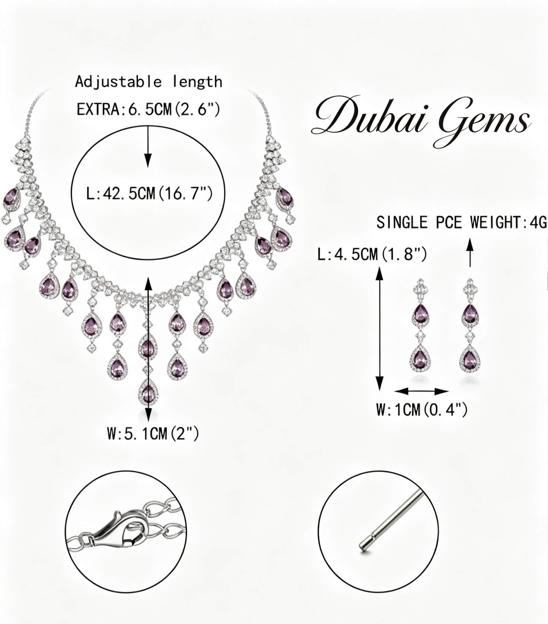 Dubai Waterfall Amethyst Necklace Earrings Set Purple Statement Jewellery