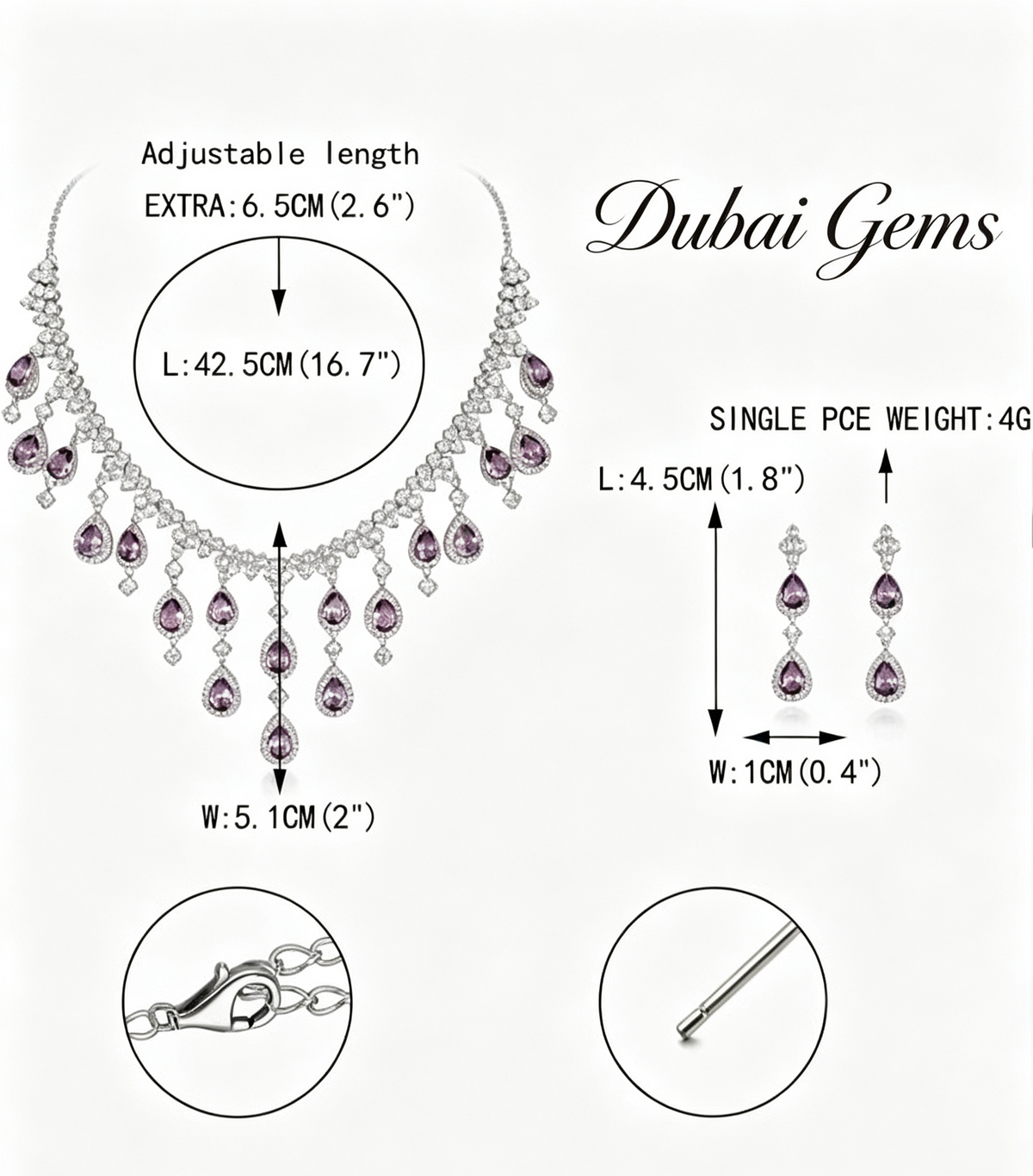 Dubai Waterfall Amethyst Necklace Earrings Set Purple Statement Jewellery