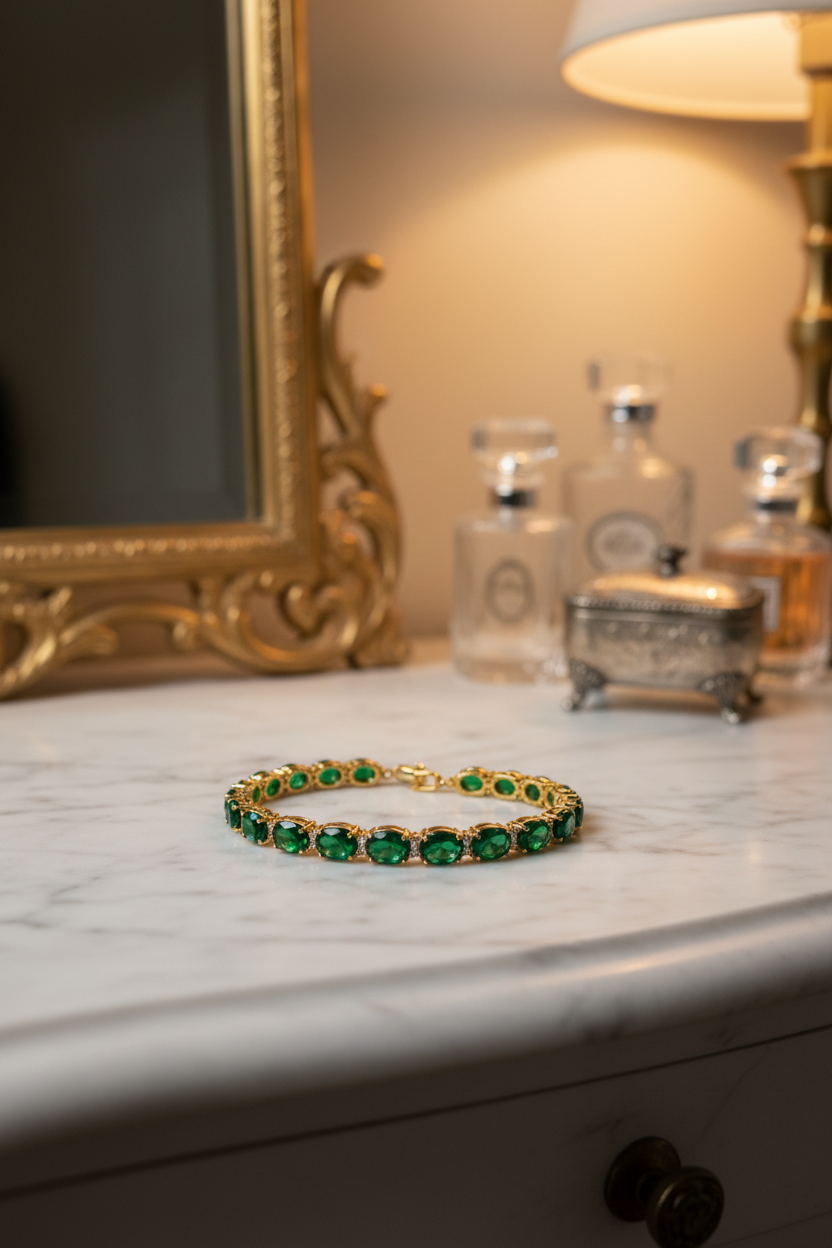 Tennis bracelet Yellow gold finish green emerald and Created Diamond