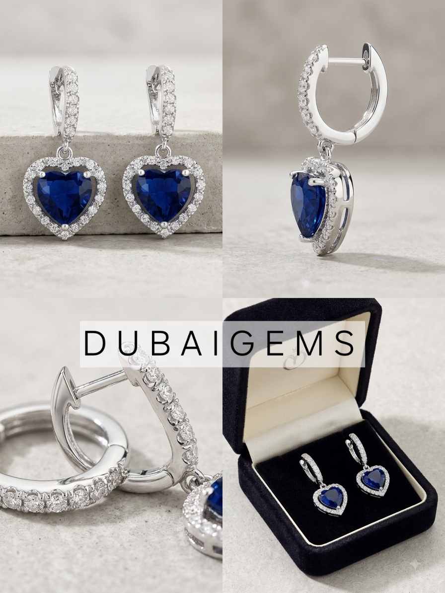 Heart Cut Blue Sapphire Diamond Droplet Earrings in White Gold finish
