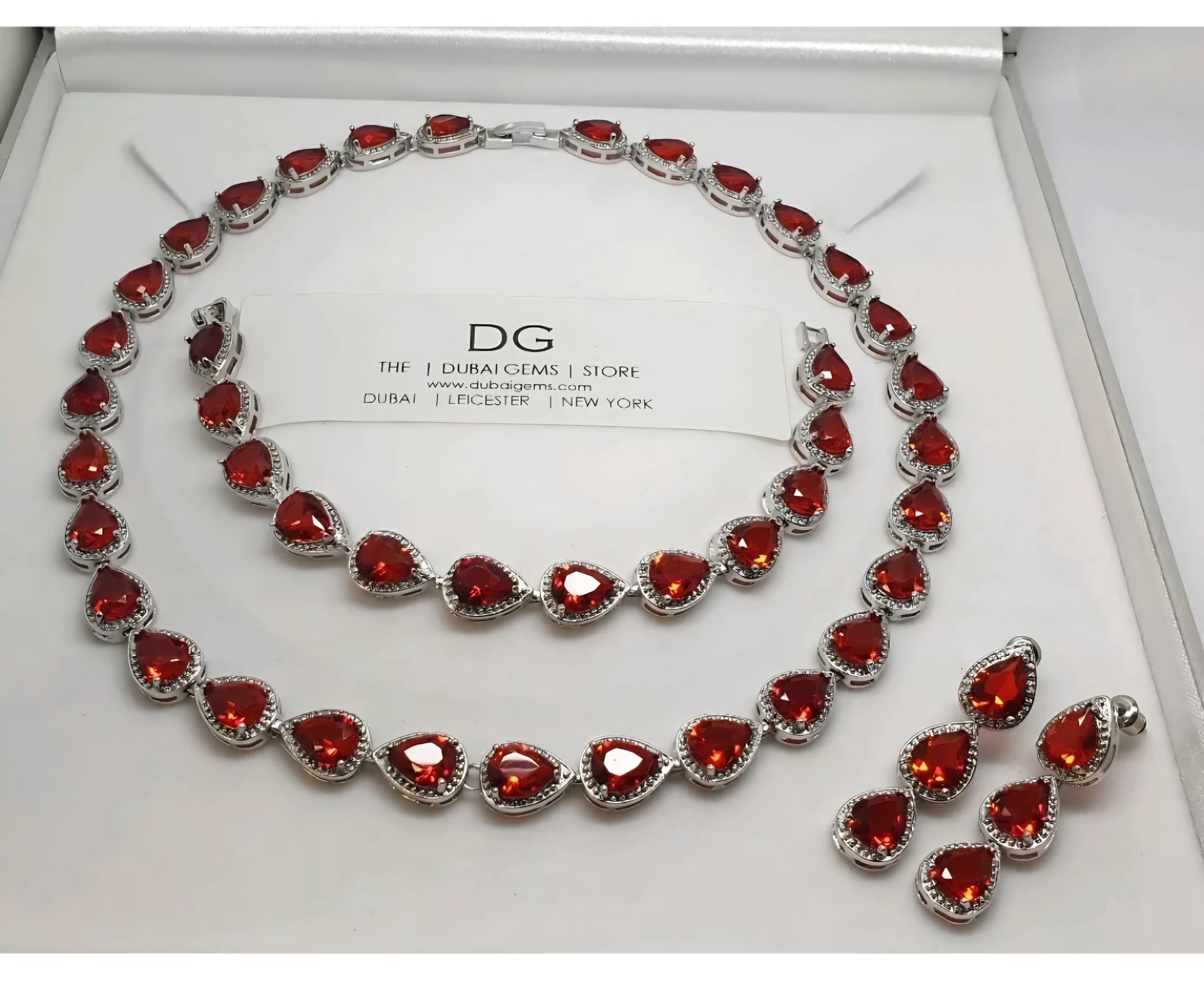 White Gold Finish Red Ruby & Created Diamond Pear-Cut Set