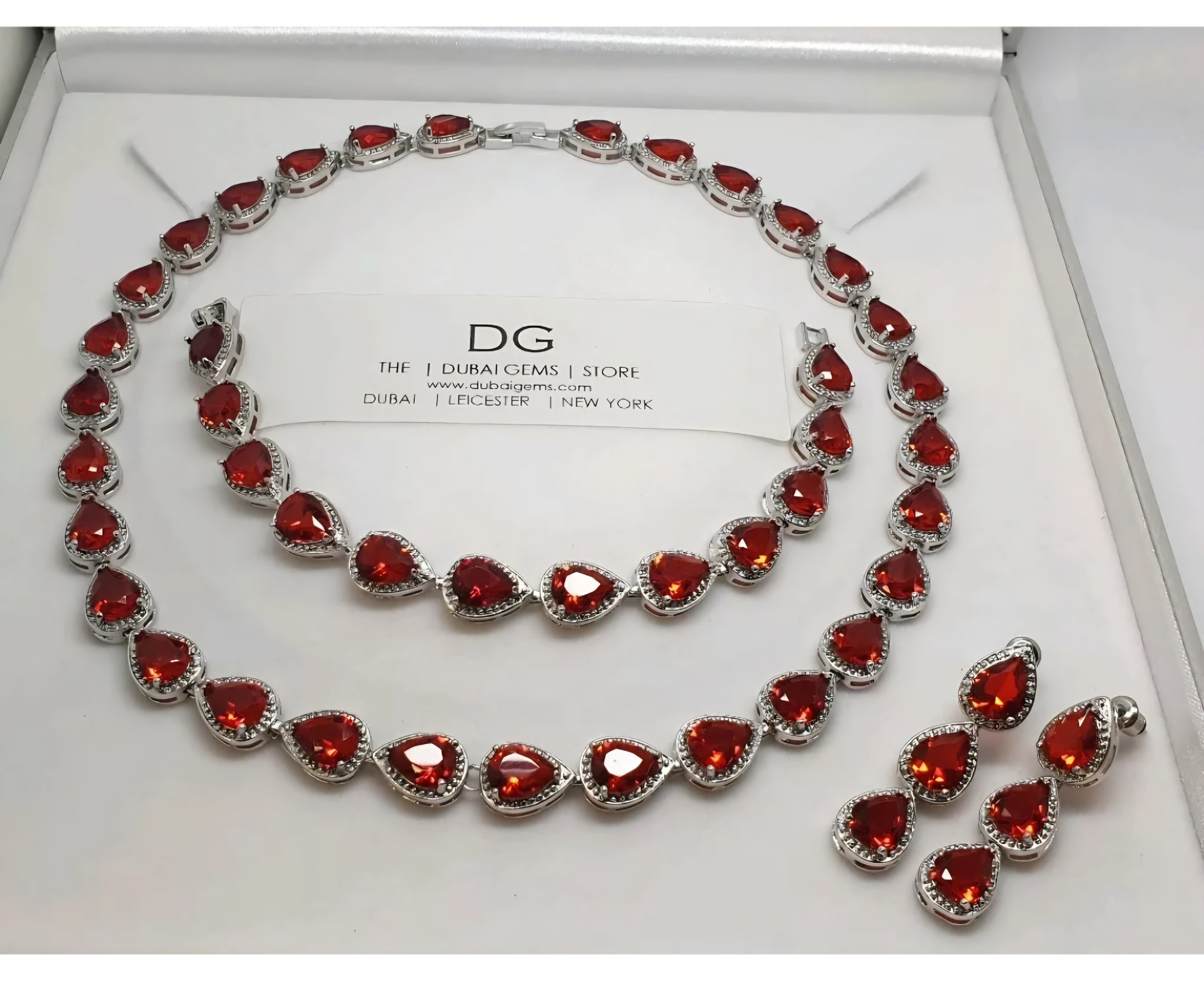 White Gold Finish Red Ruby & Created Diamond Pear-Cut Set