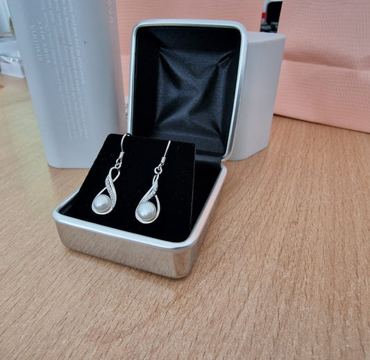 WHITE GOLD FINISH Pearl Round Cut Created Diamond Swirl Earrings