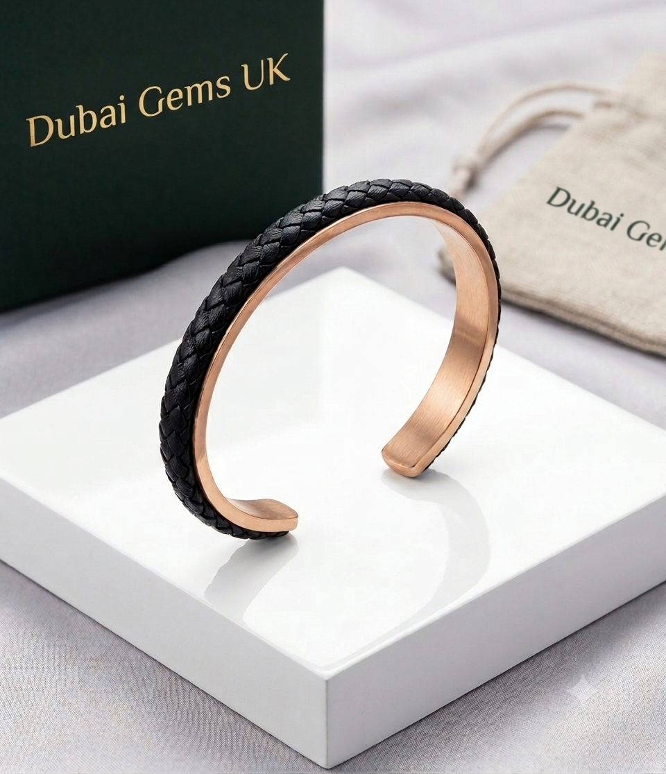 Limited Edition Rose Gold Braided Black Leather Cuff Montreal Bracelet