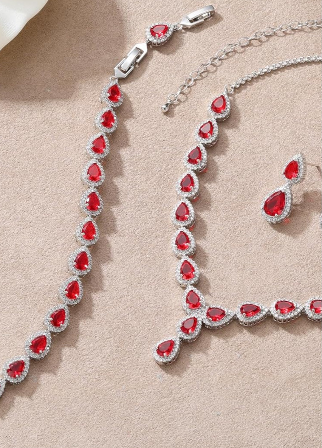 Prestige Pear Cut Red Ruby Jewellery Set with Created Diamonds White Gold finished Necklace Bracelet and Earrings Gift Set