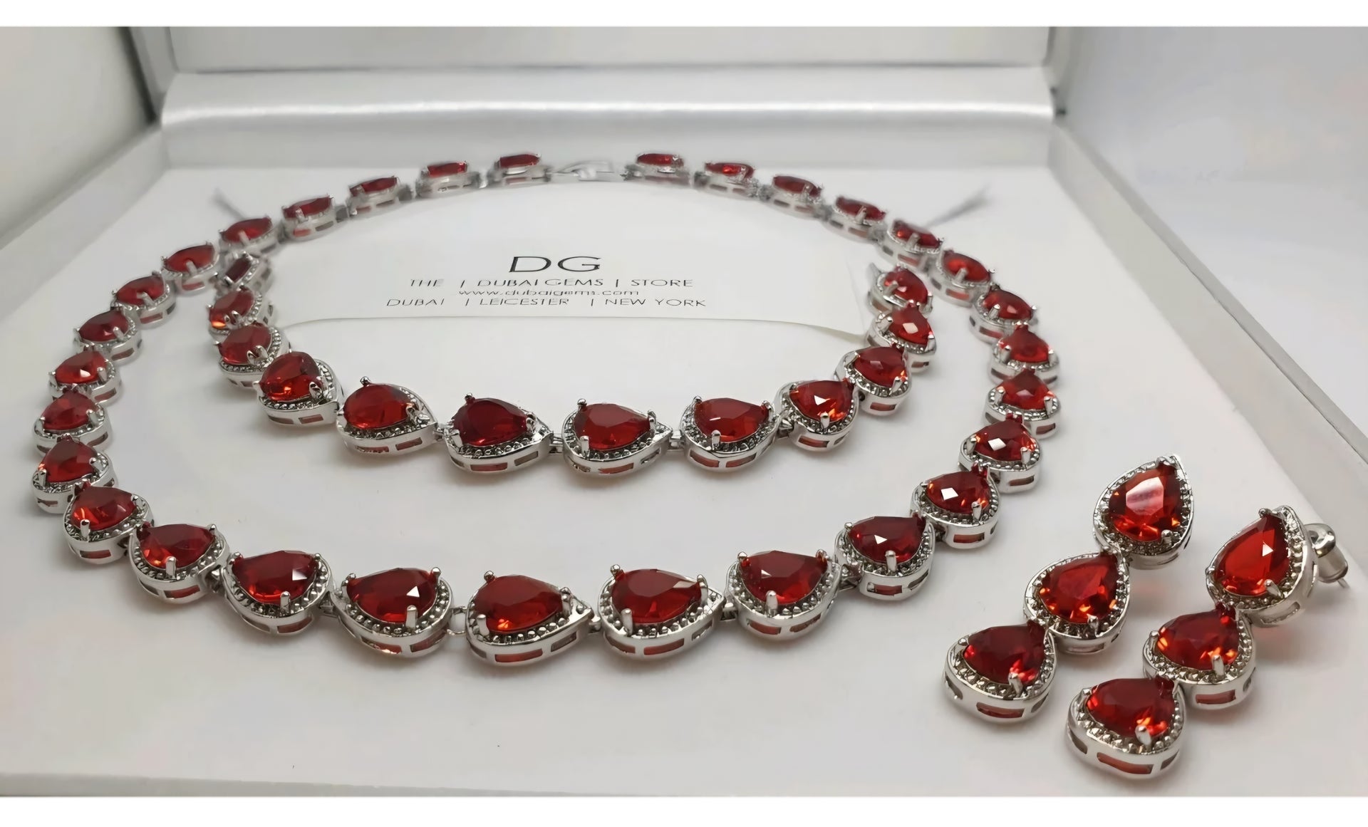 White Gold Finish Red Ruby & Created Diamond Pear-Cut Set