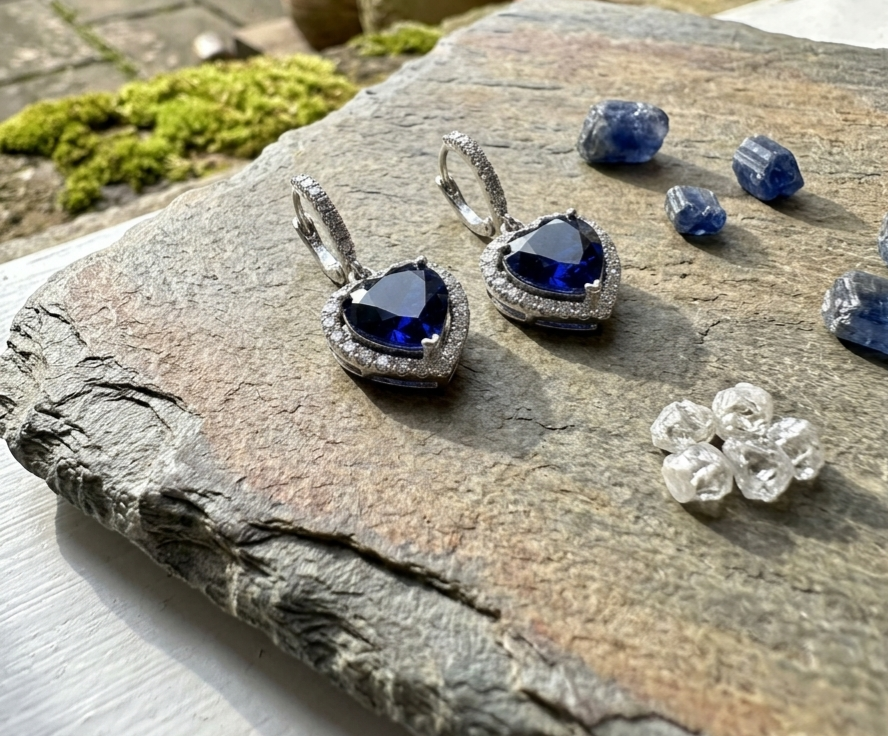 Heart Cut Blue Sapphire Diamond Droplet Earrings in White Gold finish