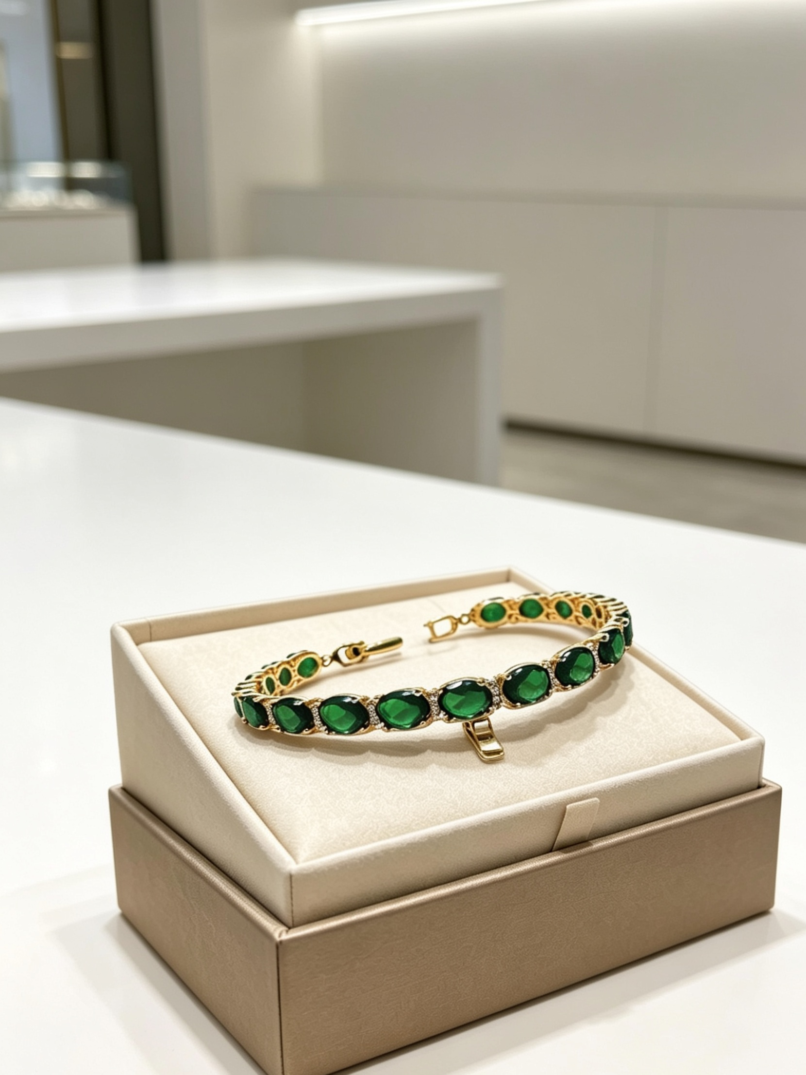 Tennis bracelet Yellow gold finish green emerald and Created Diamond
